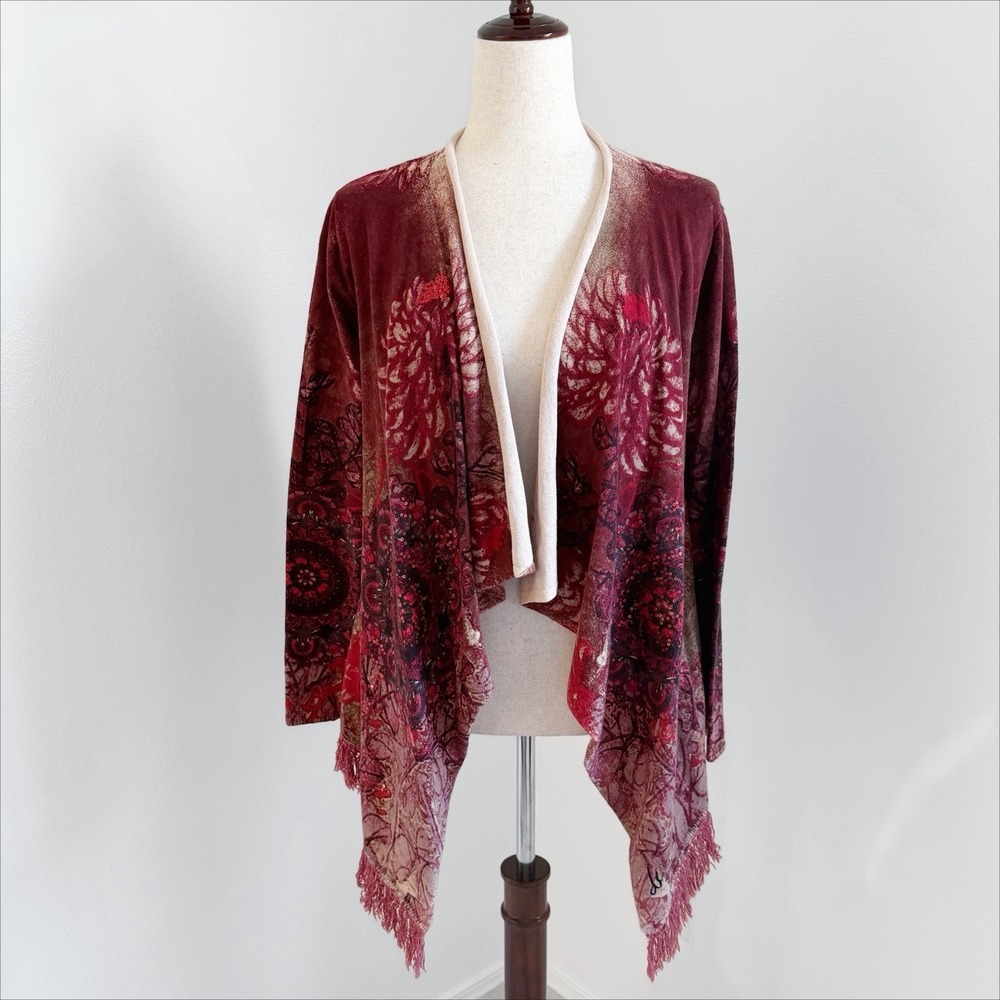Desigual Cardigan Sweater Womens Small Red Fringe Sequins Open Front Cotton Boho